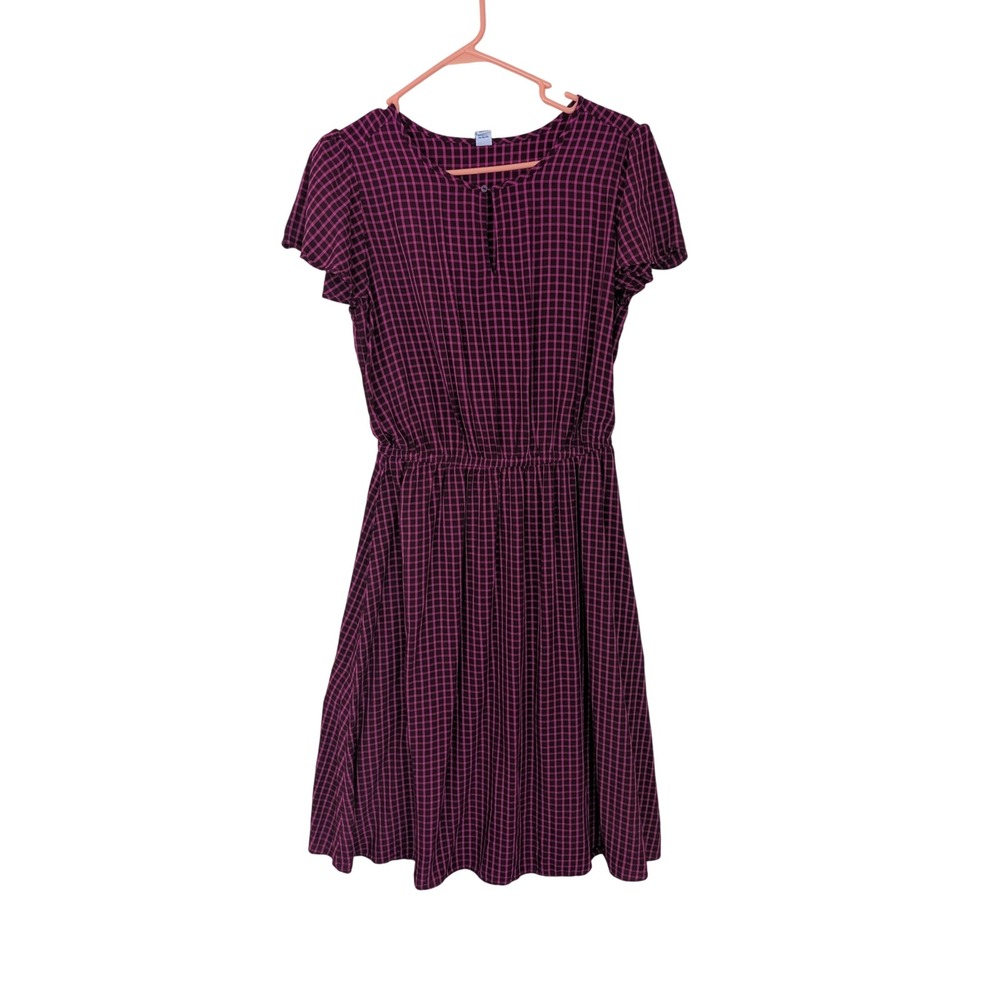 Old Navy Womens M/Tall Pink Gingham Plaid Flutter Sleeve Elastic Waist Dress